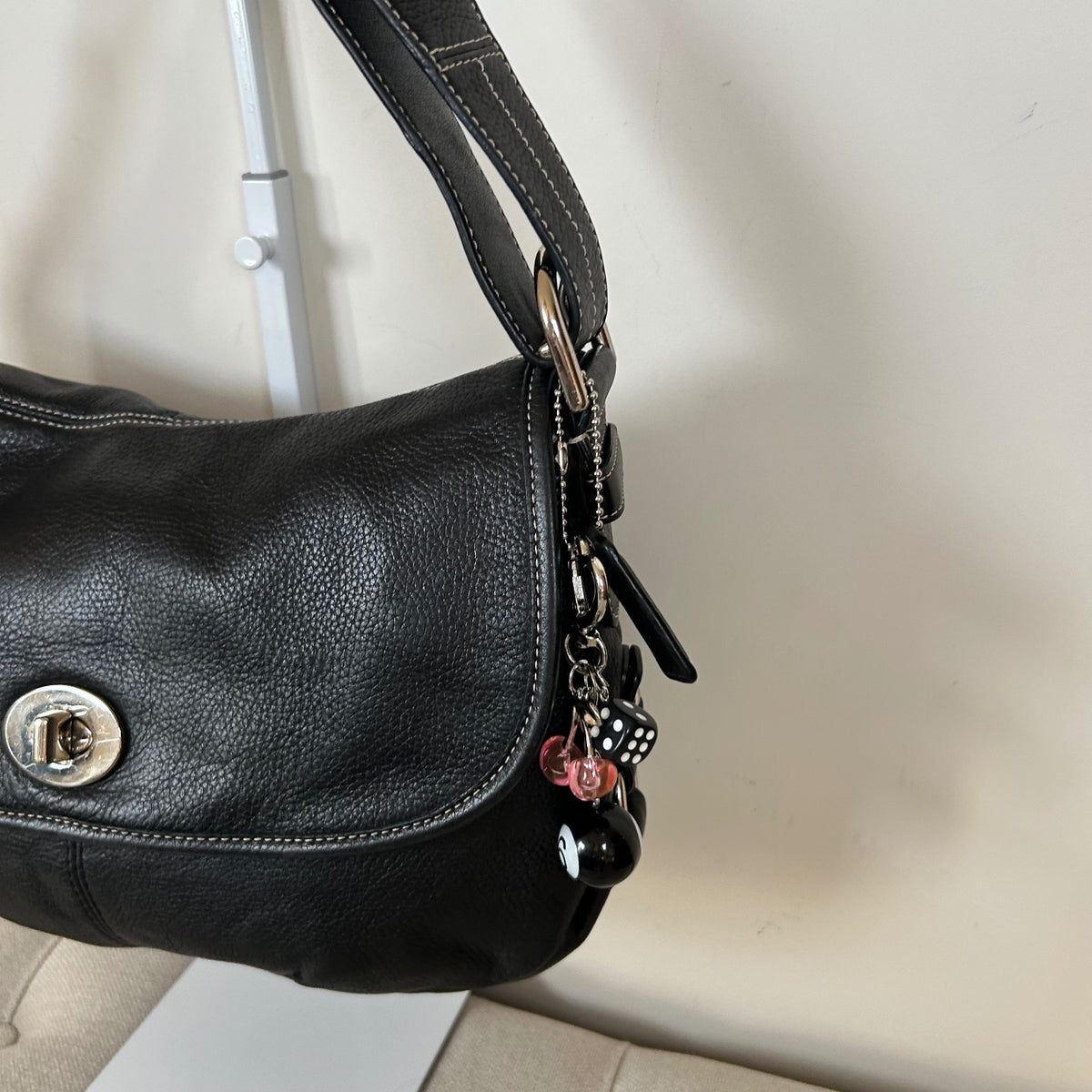 Coach Black Pebbled Leather Shoulder Bag Silver Turnlock C1069-F15065