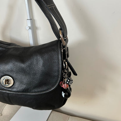Coach Black Pebbled Leather Shoulder Bag Silver Turnlock C1069-F15065