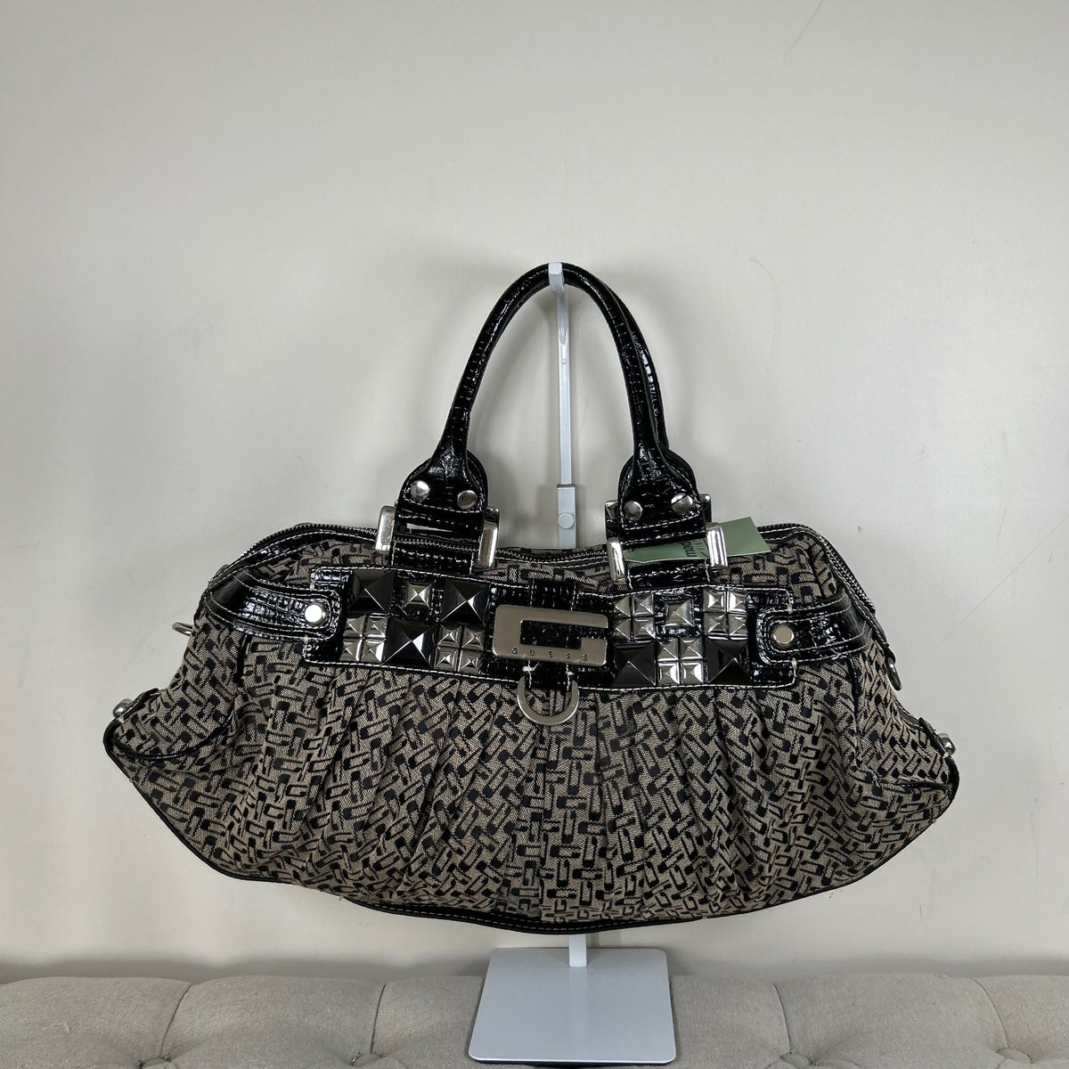 Vintage Y2K Guess Large Black Monogram Handbag Silver G
