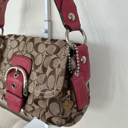Coach Brown Monogram Soho Shoulder Bag with Pink Plaited Strap J0869-F11862