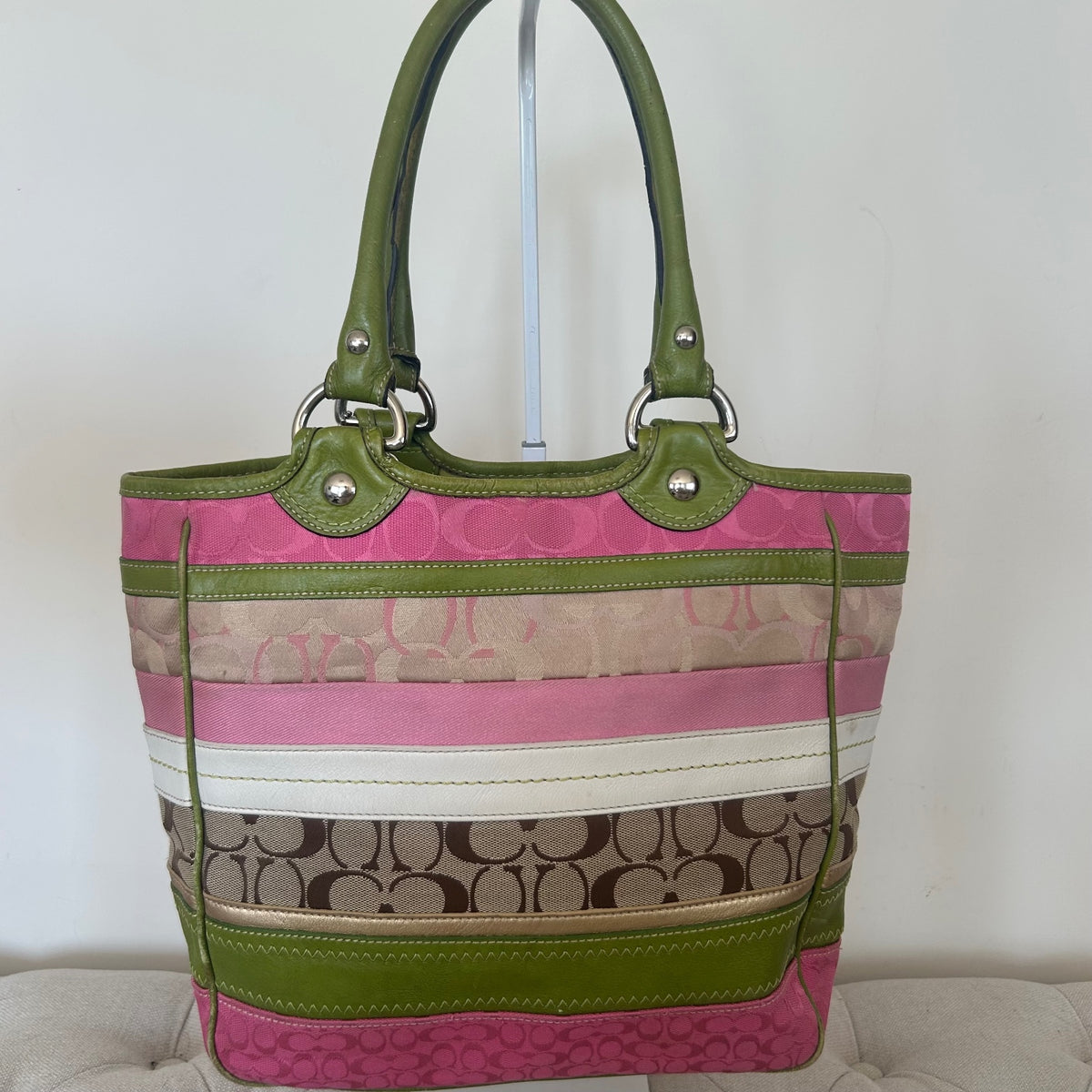 Coach Bleeker Green and Pink Signature Patchwork Tote Bag with Daisy Charm M0998-F14726