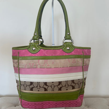 Coach Bleeker Green and Pink Signature Patchwork Tote Bag with Daisy Charm M0998-F14726