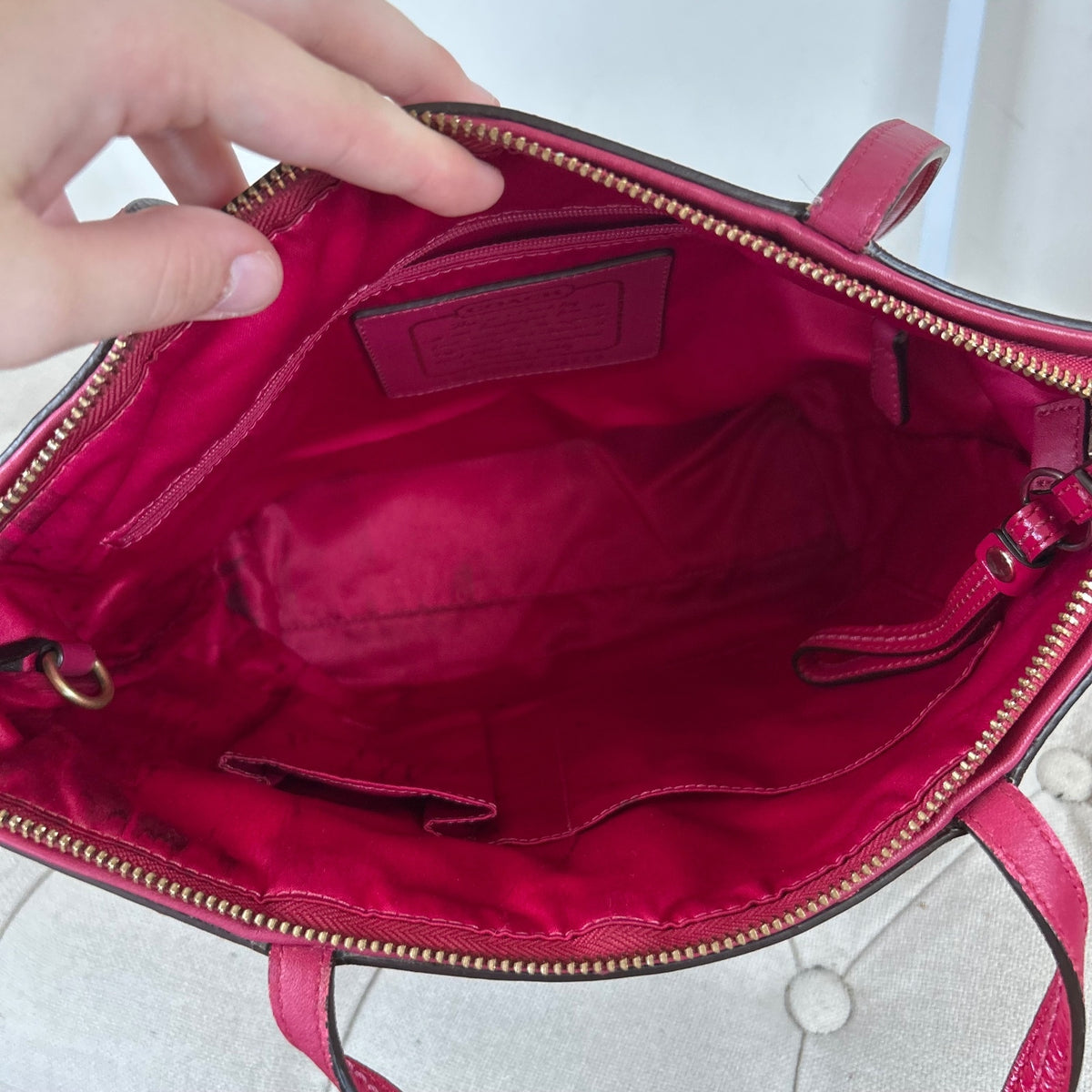 Coach Brown Signature Monogram Patent Pink Stripe Tote Shoulder Bag D0868-12429