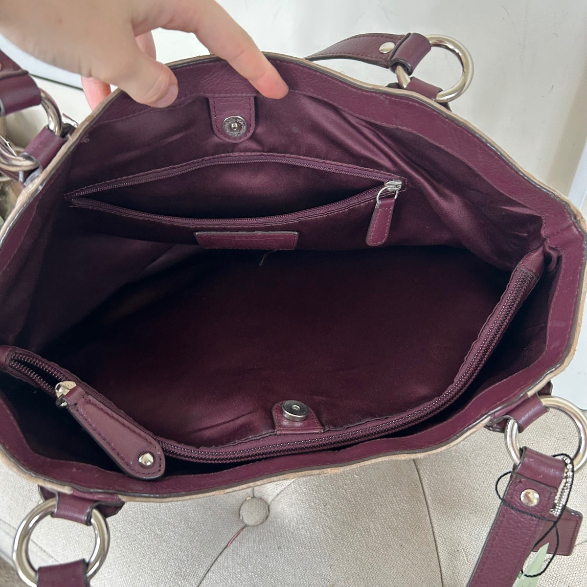 Coach Beige Soho Tote Shoulder Bag with Burgundy Leather Trim J1382-F25294