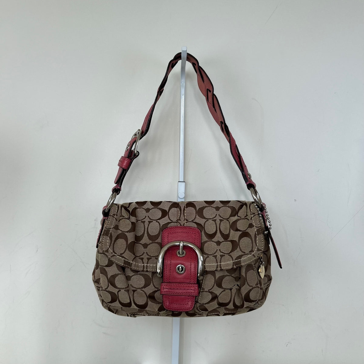 Coach Brown Monogram Soho Shoulder Bag with Pink Plaited Strap J0869-F11862