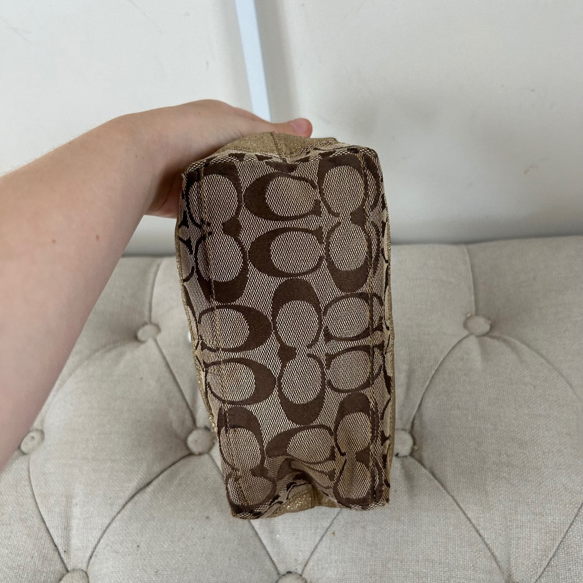 Coach Beige Monogram & Gold Stripe Mini Clutch Shoulder Bag F0768-40757