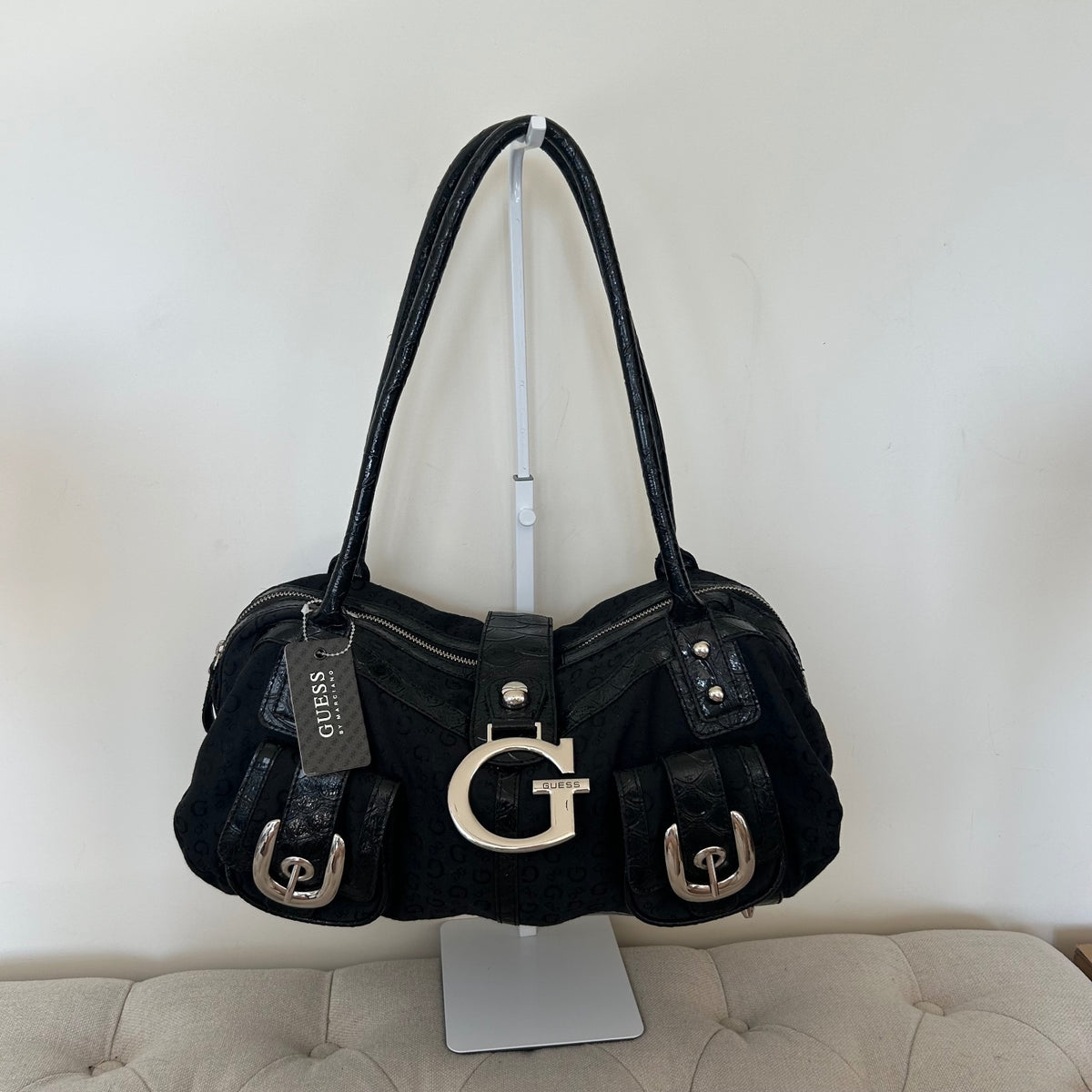 Guess Black Monogram Silver G Baguette Shoulder Bag BNWT
