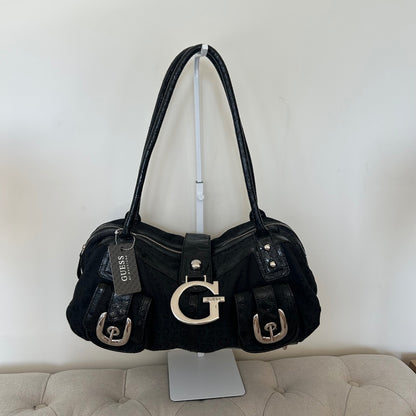 Guess Black Monogram Silver G Baguette Shoulder Bag BNWT