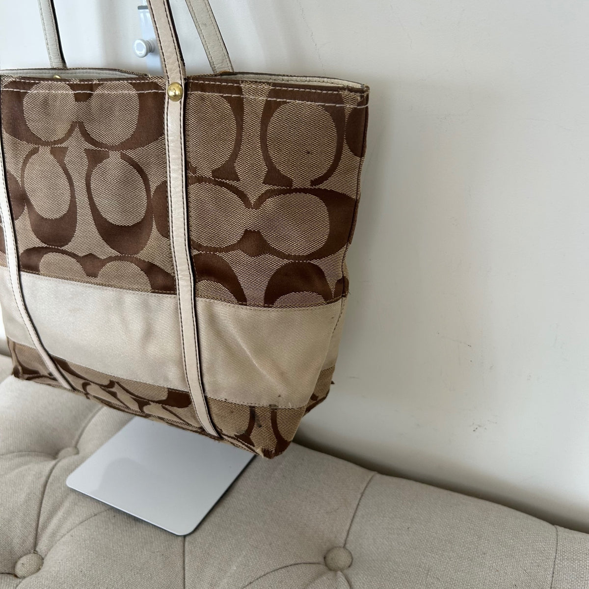 Coach Brown Monogram White Stripe Signature Canvas Shoulder Bag C0768-11098
