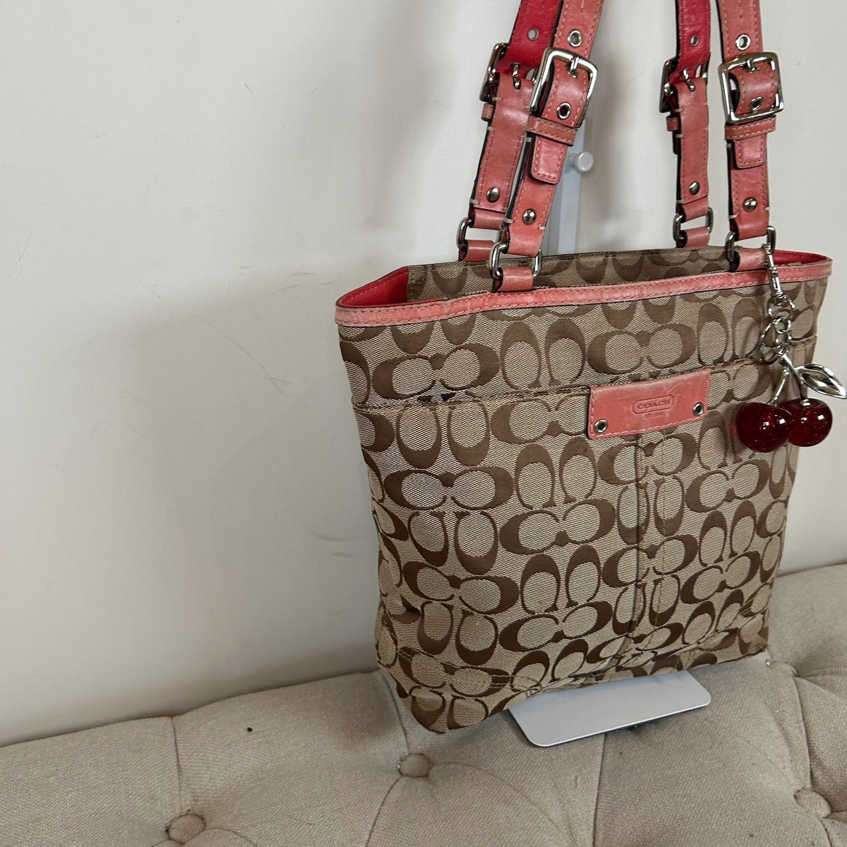 Coach Brown Signature Monogram Tote Shoulder Bag Coral Leather Trim K0849-F13077