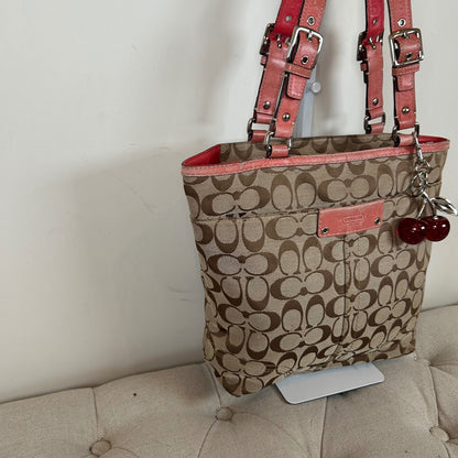Coach Brown Signature Monogram Tote Shoulder Bag Coral Leather Trim K0849-F13077