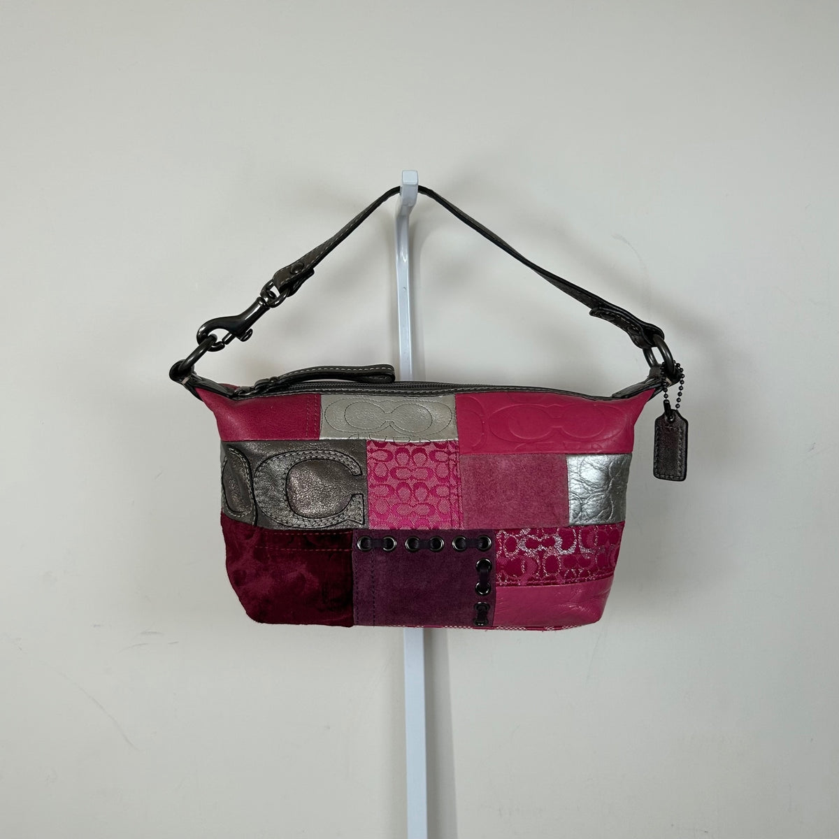 Rare Coach Pink Patchwork Mini Shoulder Bag Purse Pouch Silver Detail