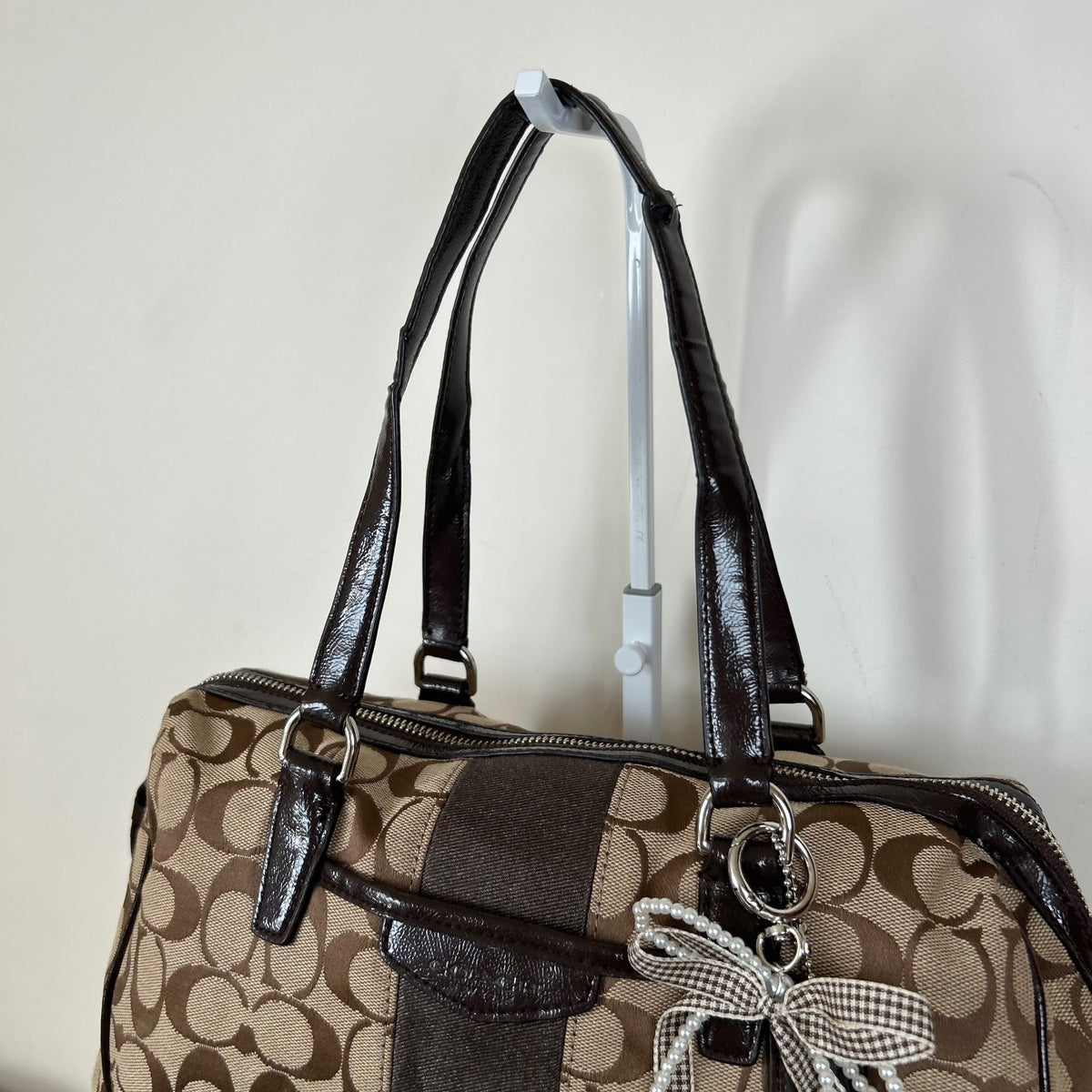 Coach Signature Monogram Stripe Convertible Satchel Shoulder Bag Brown D1480-F28505