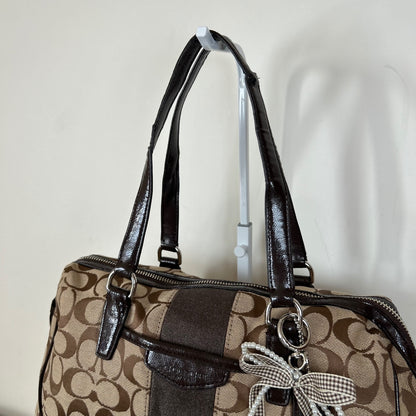 Coach Signature Monogram Stripe Convertible Satchel Shoulder Bag Brown D1480-F28505