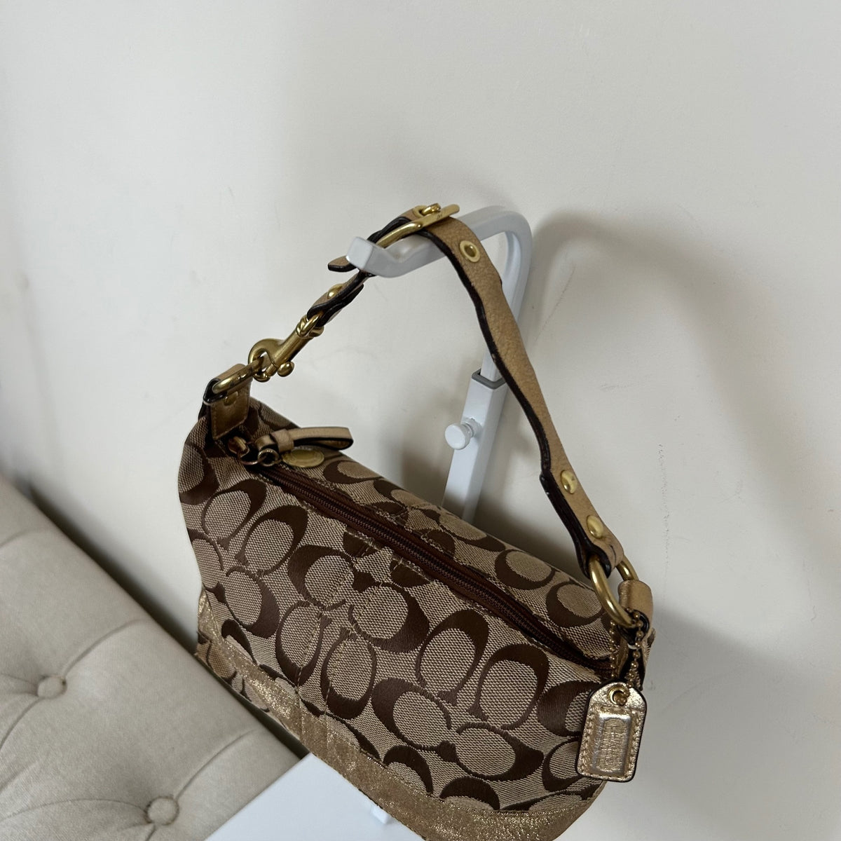 Coach Beige Monogram & Gold Stripe Mini Clutch Shoulder Bag F0768-40757
