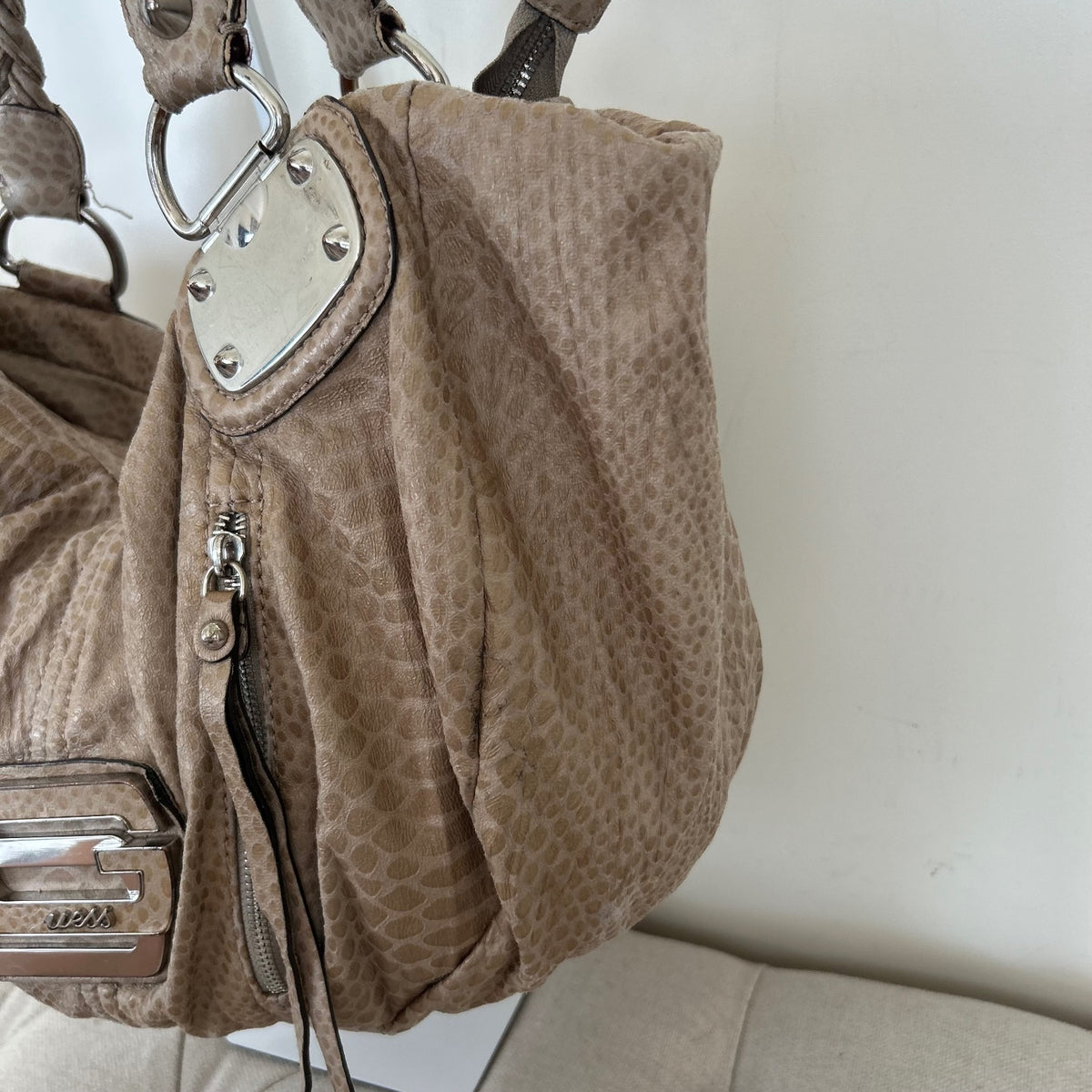 Guess Large Brown/ Beige Snakeskin Slouchy Hobo Shoulder Bag