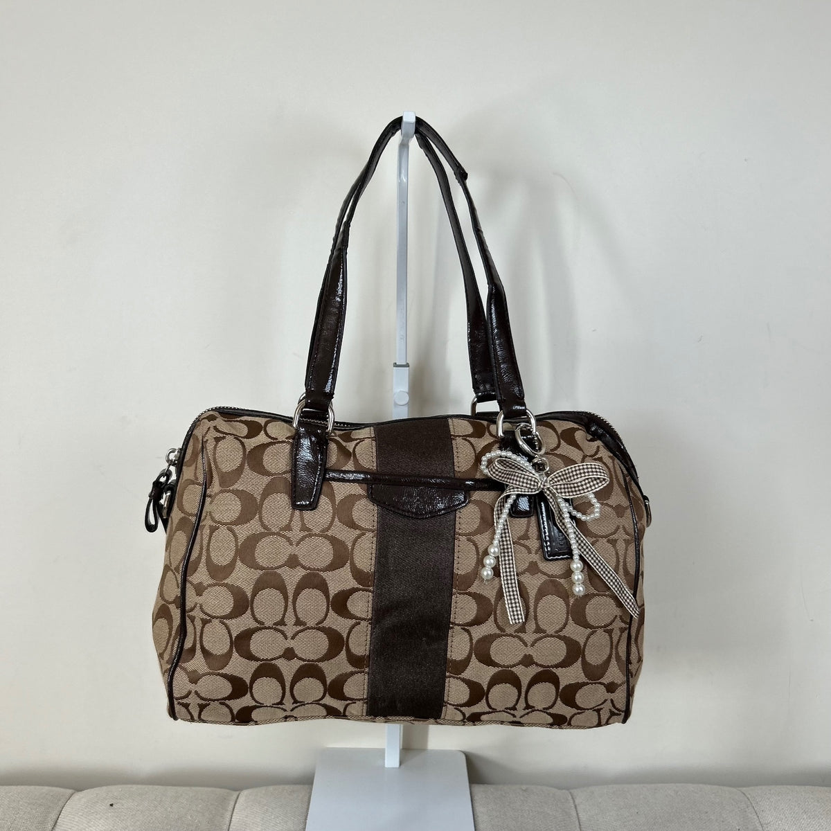 Coach Signature Monogram Stripe Convertible Satchel Shoulder Bag Brown D1480-F28505