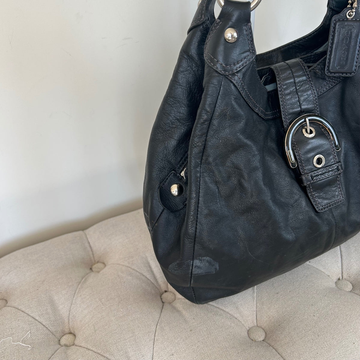 Coach Black Leather 3 Compartment Silver Buckle Shoulder Bag D1193-F17092