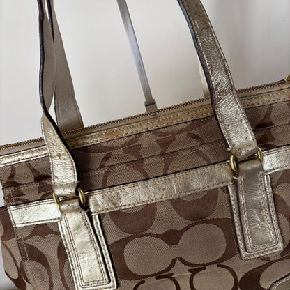 Coach Beige & Silver Monogram Hampton Shoulder Bag J0771-11620