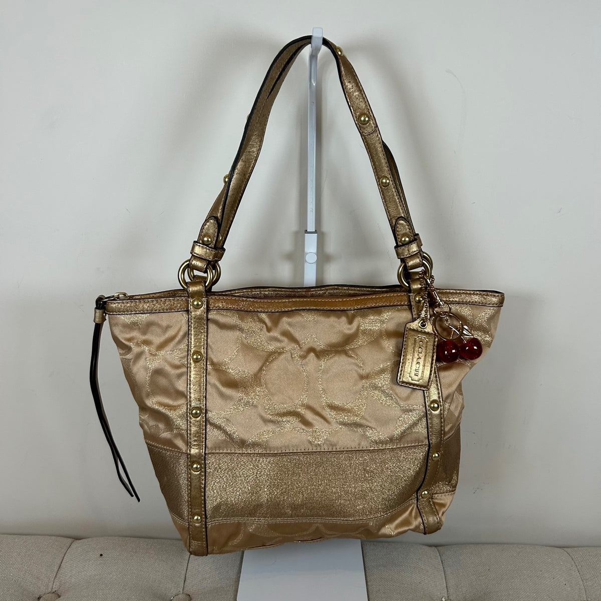 Coach Signature Stripe Studded Gold Monogram Shoulder Bag F0873-12905