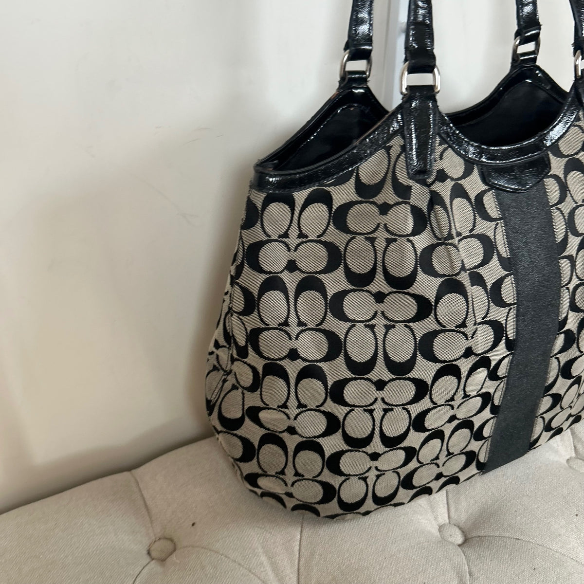 Coach Black Monogram Stripe Tote Shoulder Bag D1420-F2850