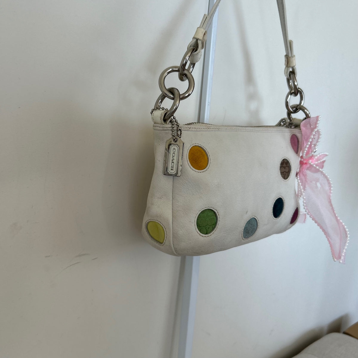 2004 Vintage Coach Polka Dot Demi White Leather Shoulder Bag J04Q-3677