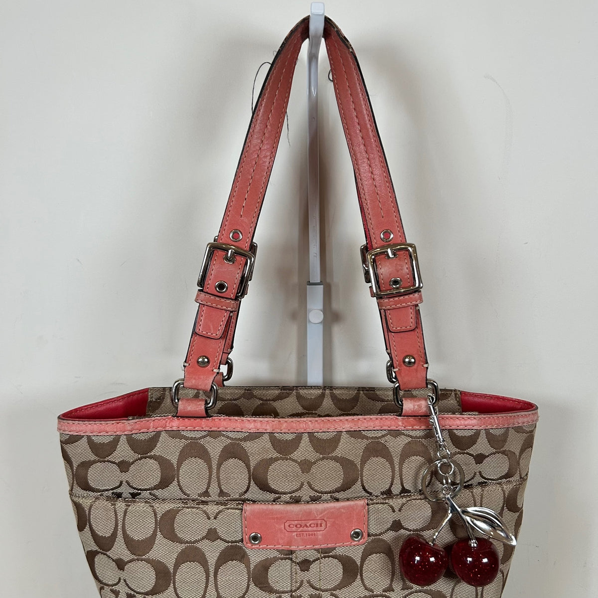 Coach Brown Signature Monogram Tote Shoulder Bag Coral Leather Trim K0849-F13077