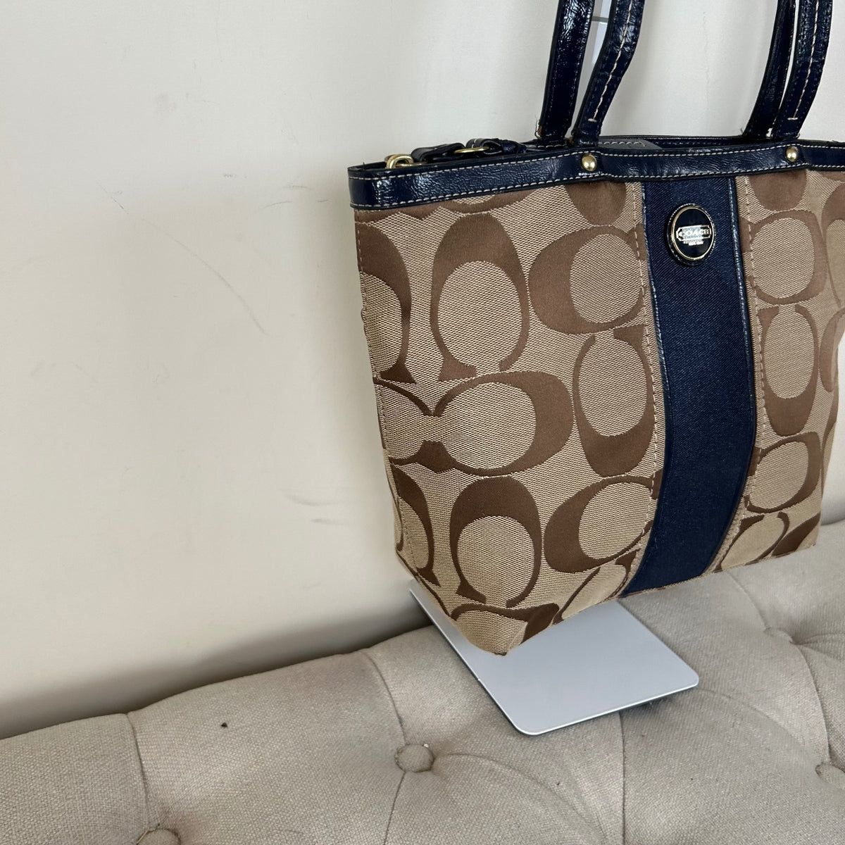 Coach Beige Signature Monogram Navy Stripe Tote Shoulder Bag E1320-F21950