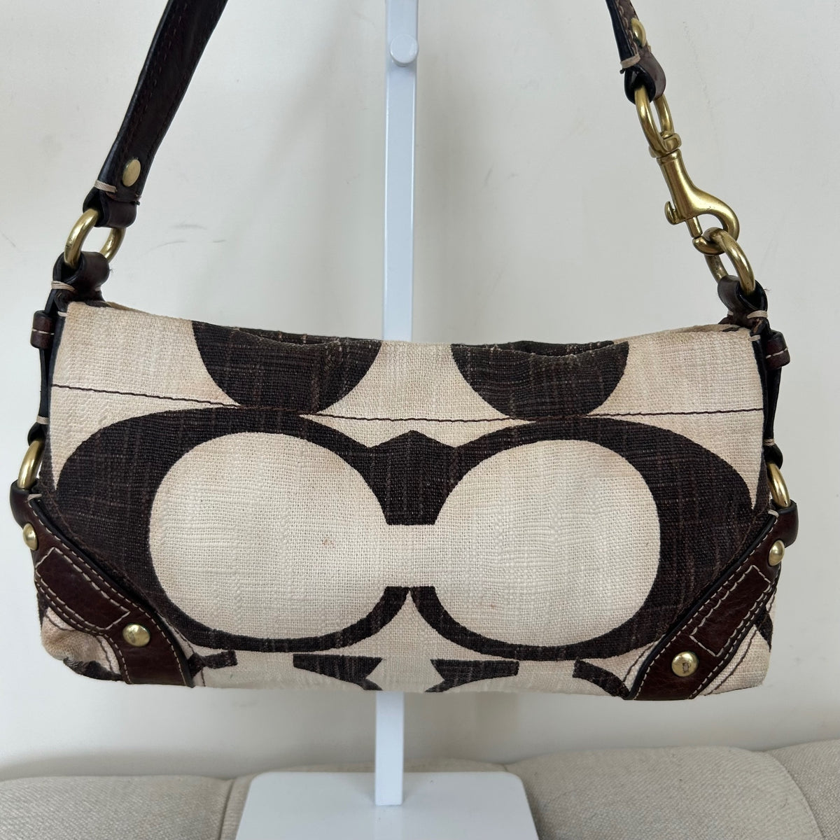 Rare Coach Beige & Brown Linen Carly Shoulder Bag A0773-10793