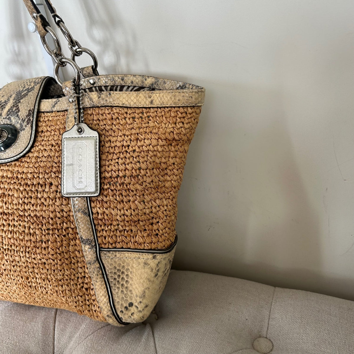 Coach Straw Python Basket Shoulder Bag Beige Silver Hardware L1169-19359