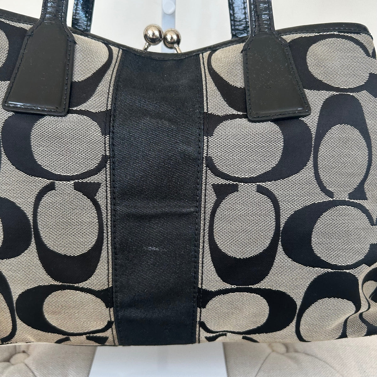 Coach Black Signature Monogram 3 Compartment Shoulder Bag Kisslock H0969-F13533