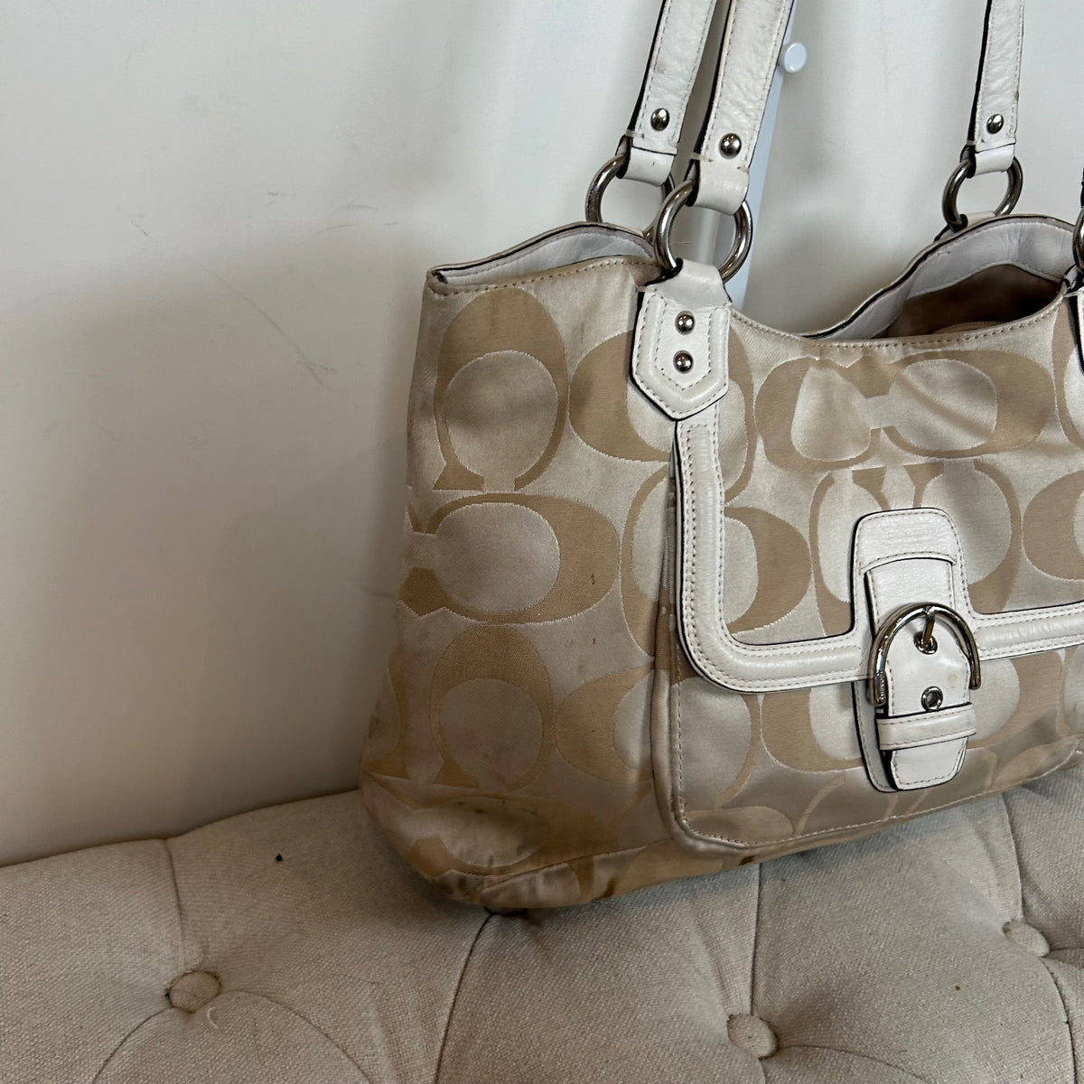 Coach Soho Large Beige Sateen Tote Shoulder Bag M1382-F25294