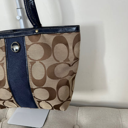 Coach Beige Signature Monogram Navy Stripe Tote Shoulder Bag E1320-F21950