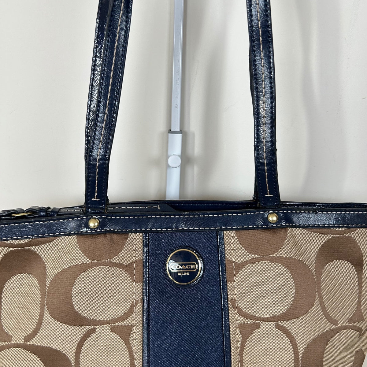 Coach Beige Signature Monogram Navy Stripe Tote Shoulder Bag E1320-F21950