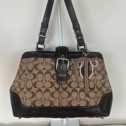 Coach Monogram Brown Hampton Silver Buckle Front Shoulder Bag E0851-F12642
