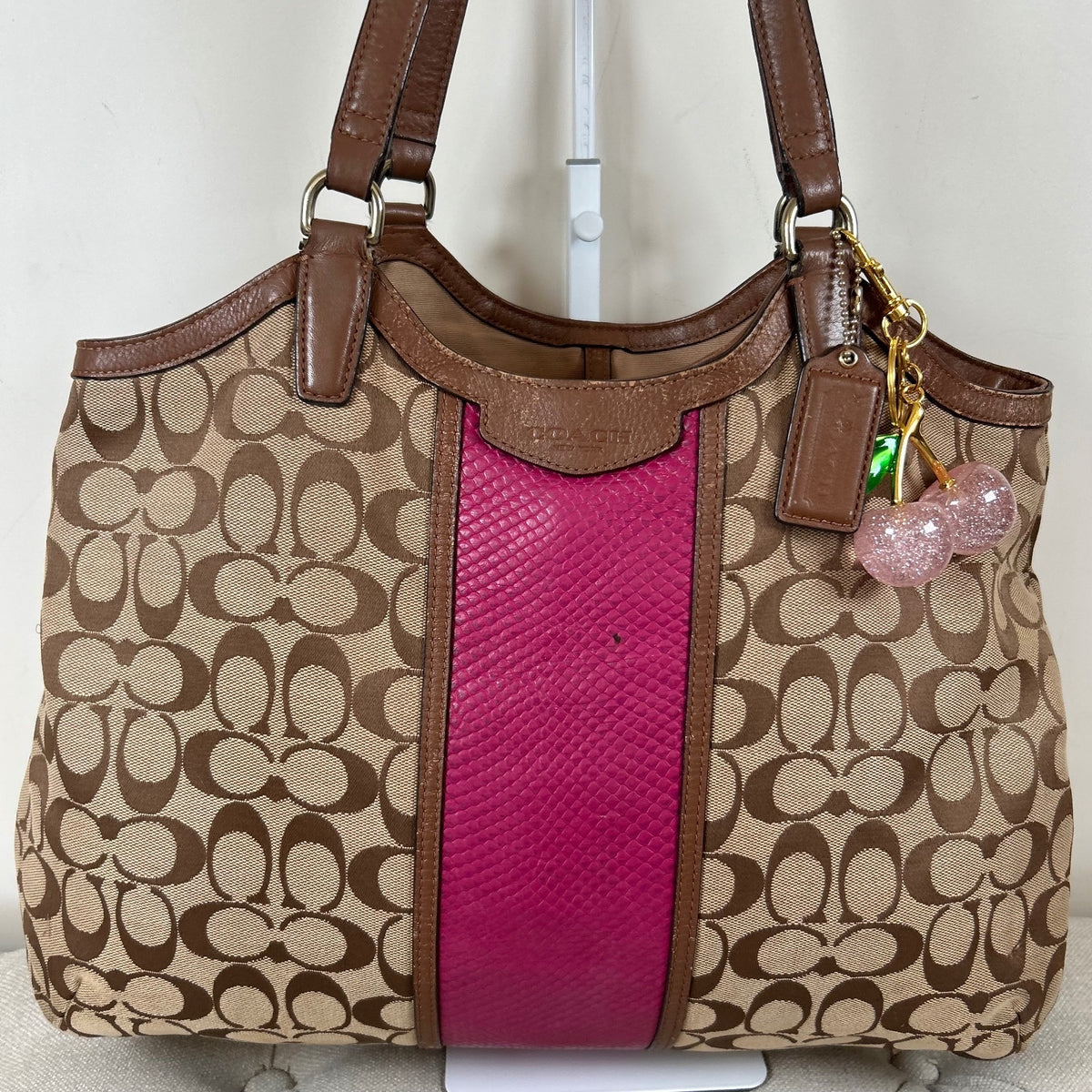 Coach Brown Monogram Shoulder Bag with Pink Stripe E1461-F13444