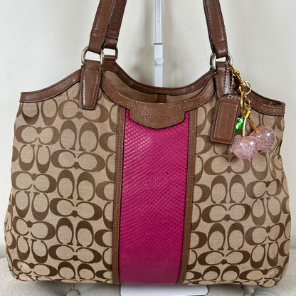 Coach Brown Monogram Shoulder Bag with Pink Stripe E1461-F13444