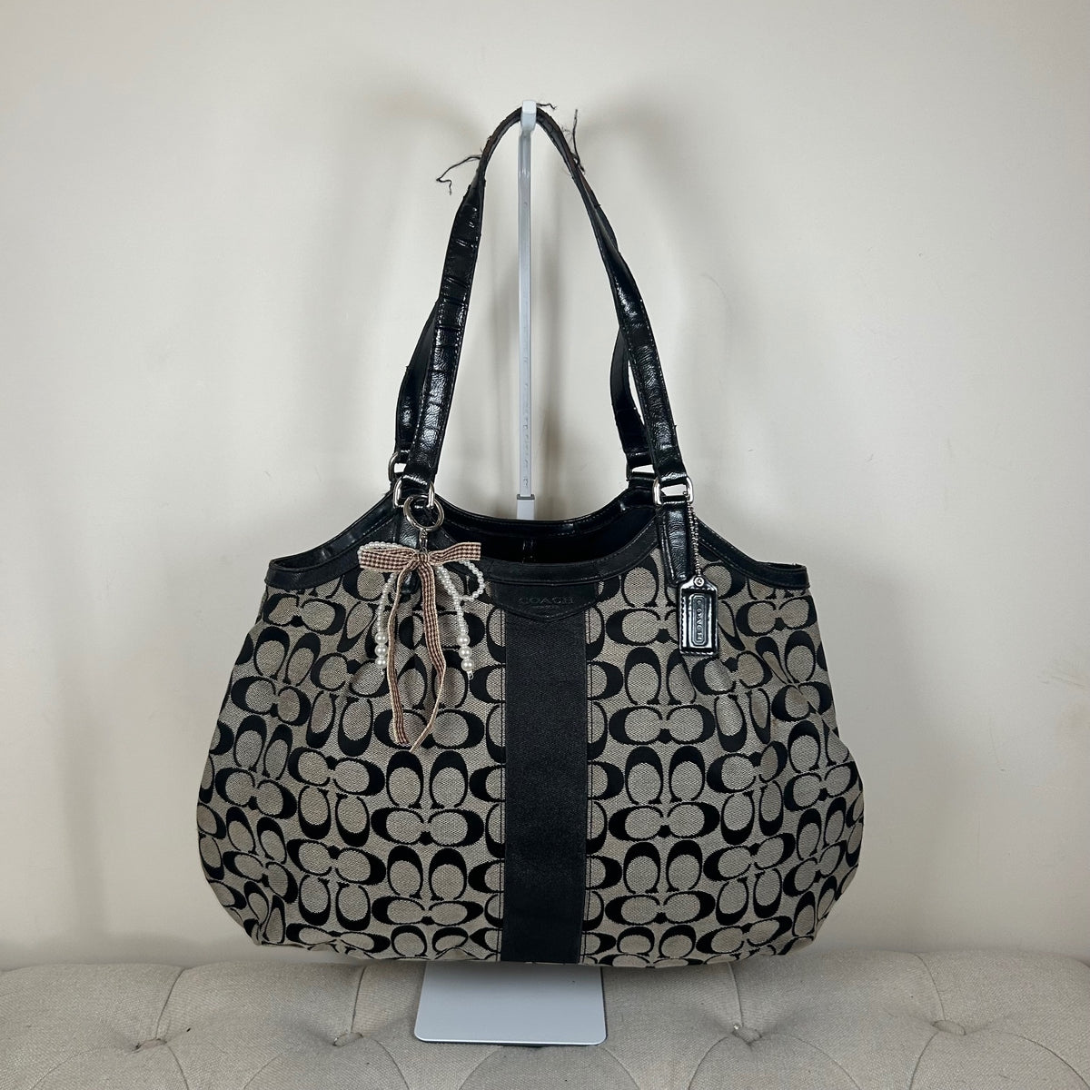 Coach Black Signature Monogram Stripe Tote Shoulder Bag E1421-F28503