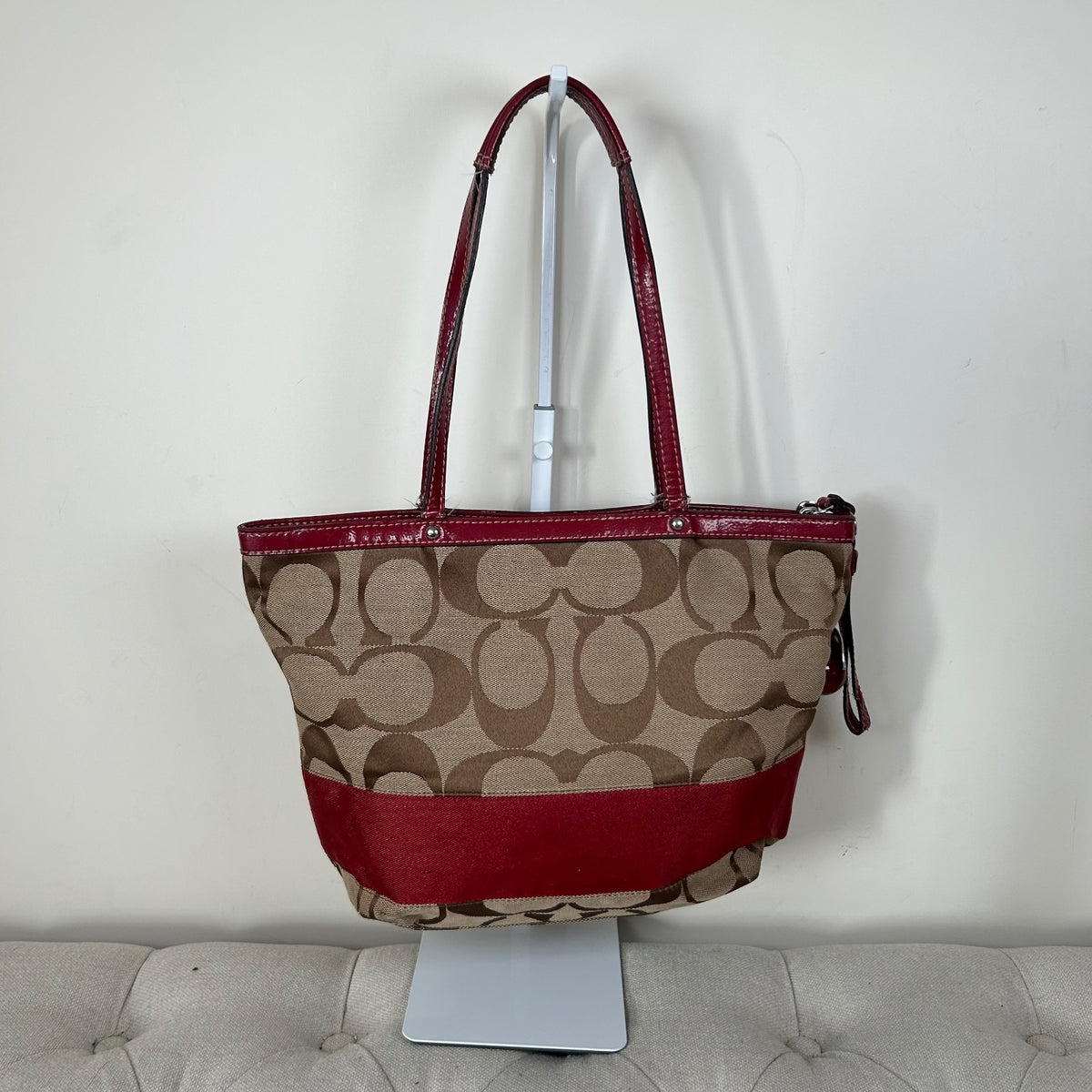 Coach Beige Signature Monogram Red Stripe Tote Shoulder Bag H1182-F17433