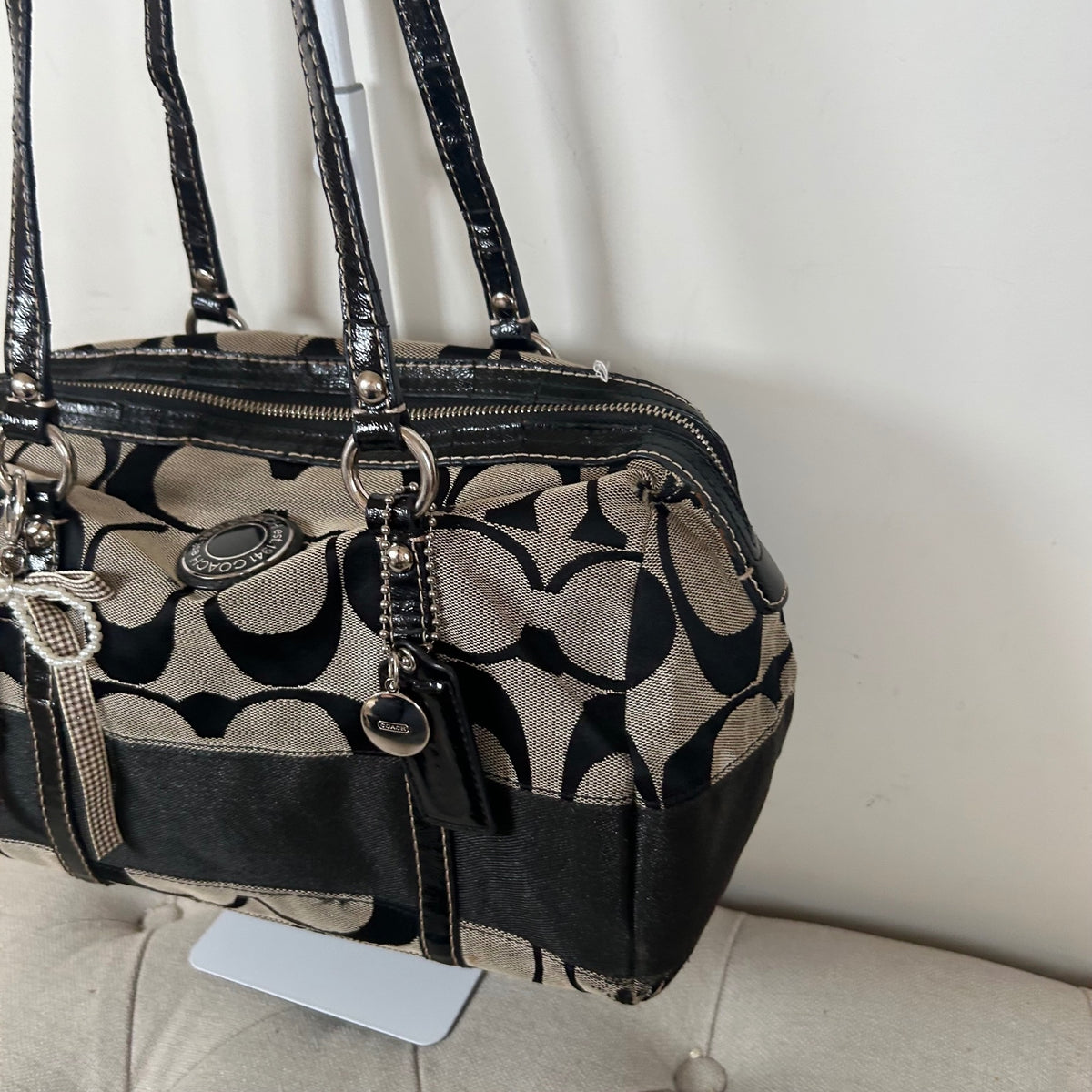 Coach Black Signature Monogram Stripe Tote Shoulder Bag G1220-F19563