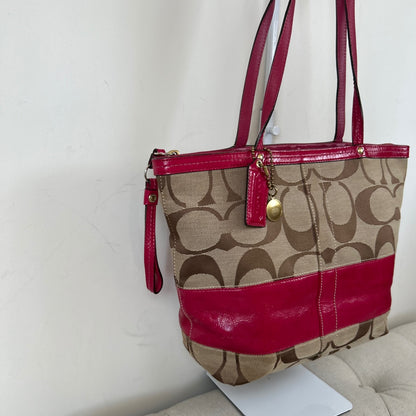 Coach Brown Signature Monogram Patent Pink Stripe Tote Shoulder Bag D0868-12429