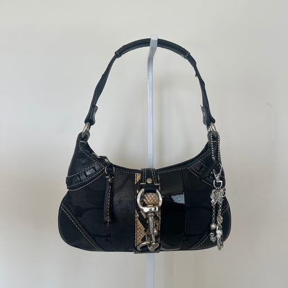 Coach Black Signature Monogram Snakeskin Stripe Buckle Shoulder Bag E06K-10287