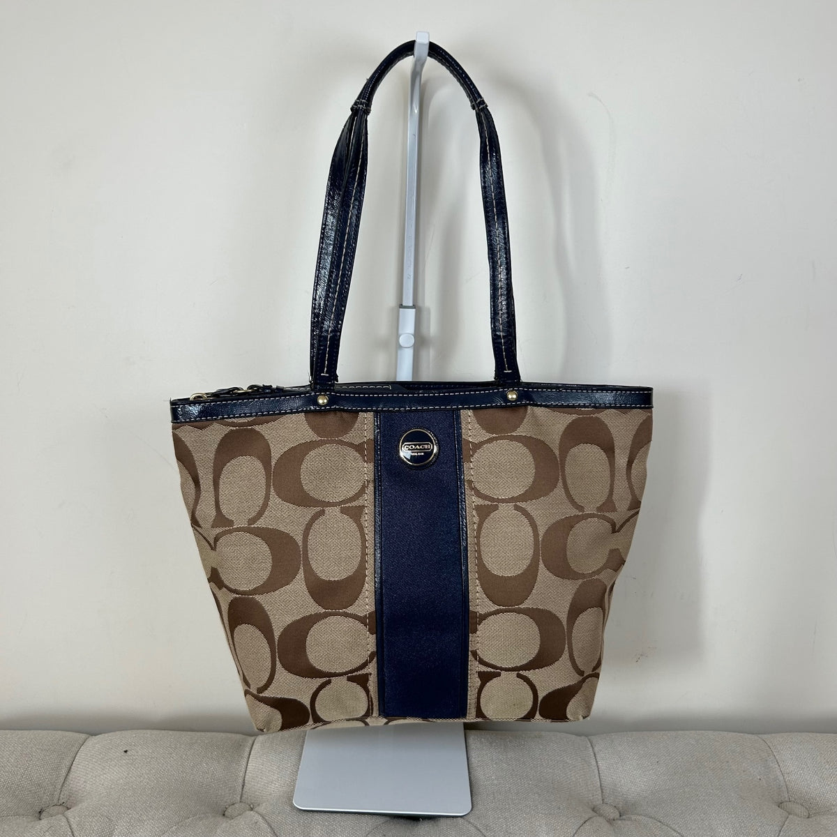 Coach Beige Signature Monogram Navy Stripe Tote Shoulder Bag E1320-F21950