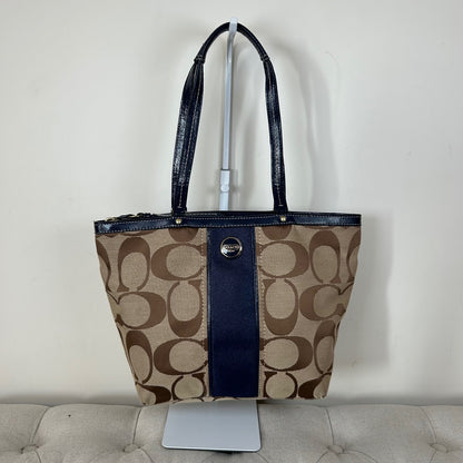 Coach Beige Signature Monogram Navy Stripe Tote Shoulder Bag E1320-F21950