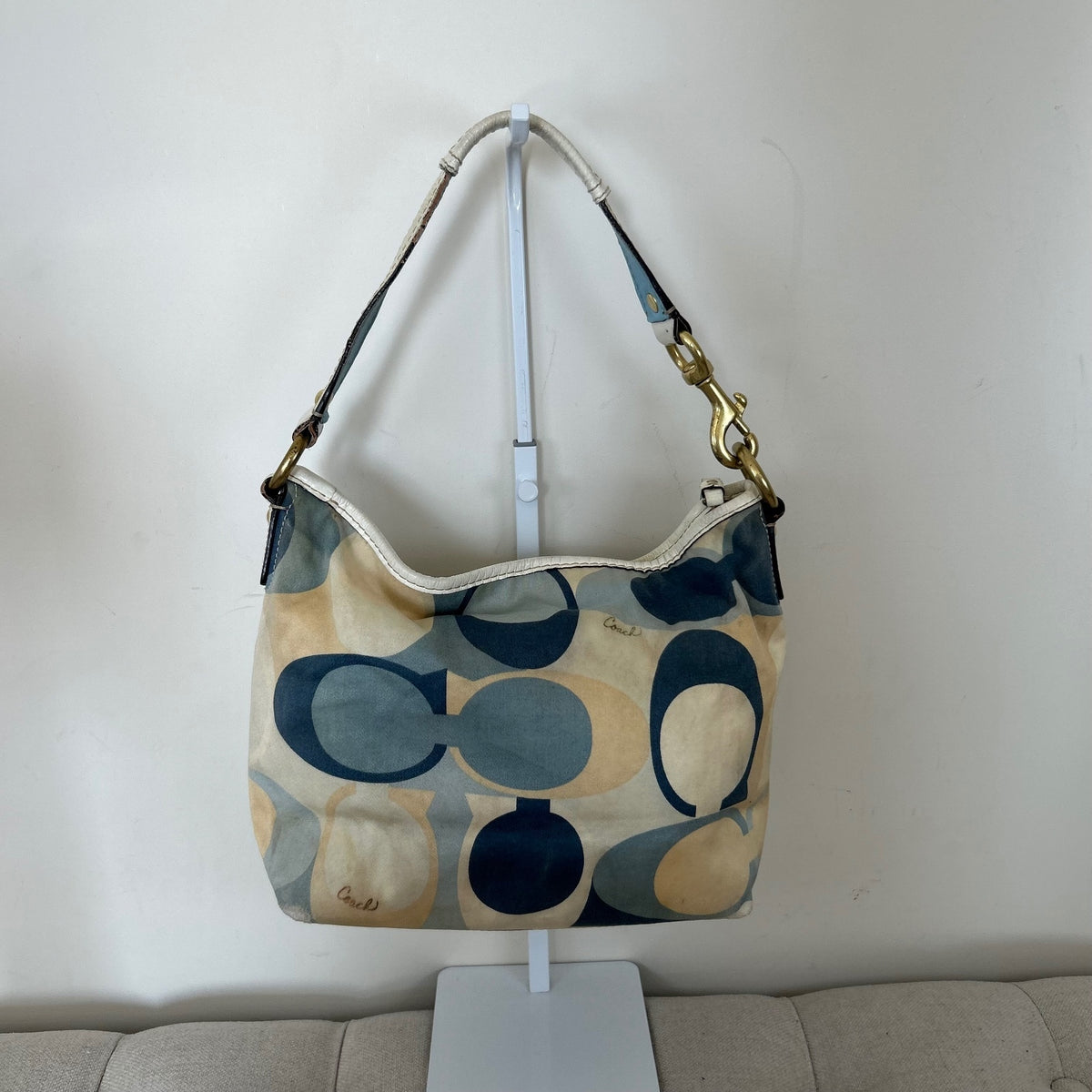 Coach Blue and Beige Monogram Slouch Shoulder Bag L0726-11955