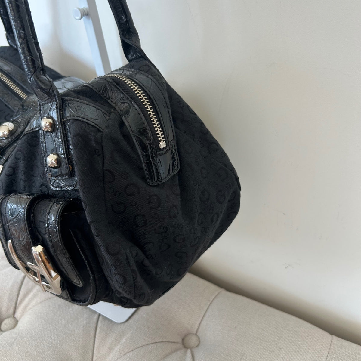 Guess Black Monogram Silver G Baguette Shoulder Bag BNWT