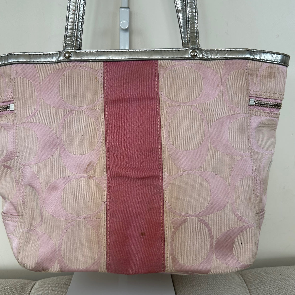 Coach Baby Pink Signature Stripe Canvas Tote Shoulder Bag L0849-13280
