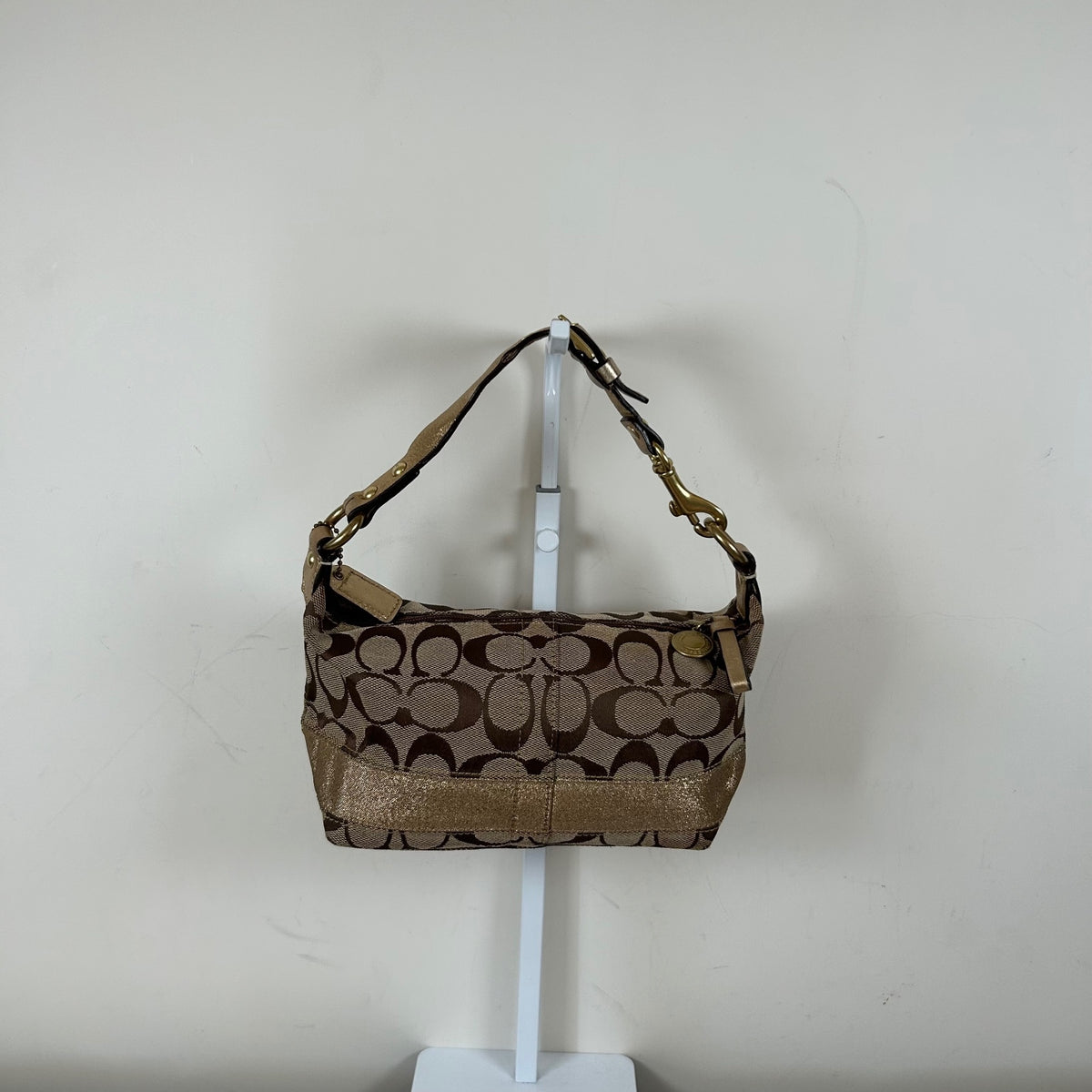 Coach Beige Monogram & Gold Stripe Mini Clutch Shoulder Bag F0768-40757