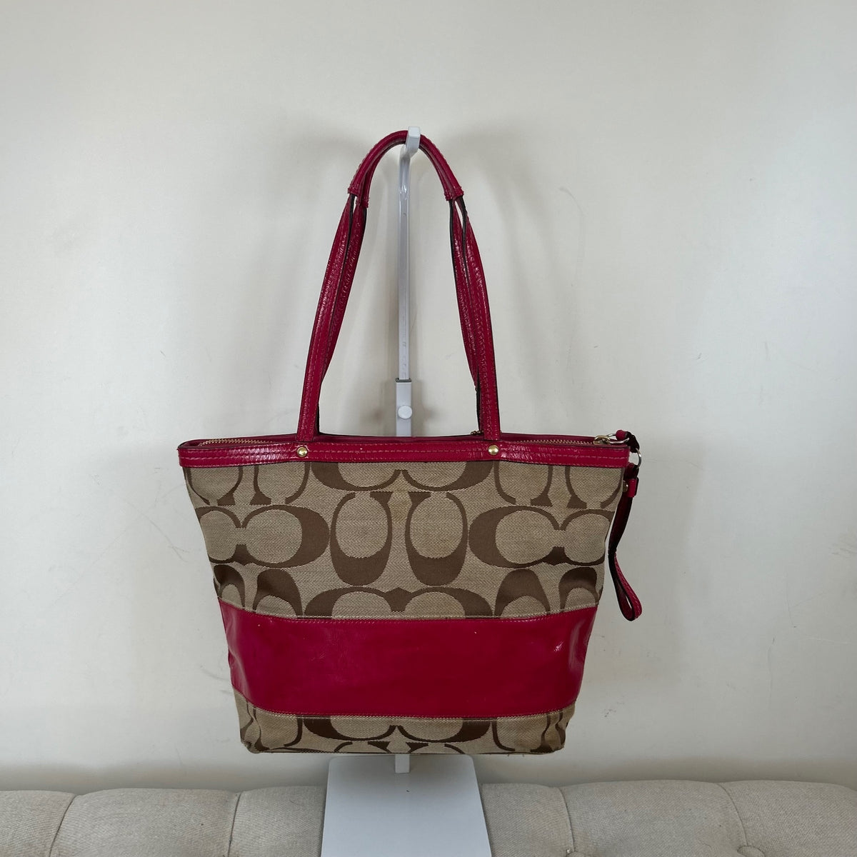 Coach Brown Signature Monogram Patent Pink Stripe Tote Shoulder Bag D0868-12429