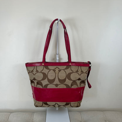 Coach Brown Signature Monogram Patent Pink Stripe Tote Shoulder Bag D0868-12429